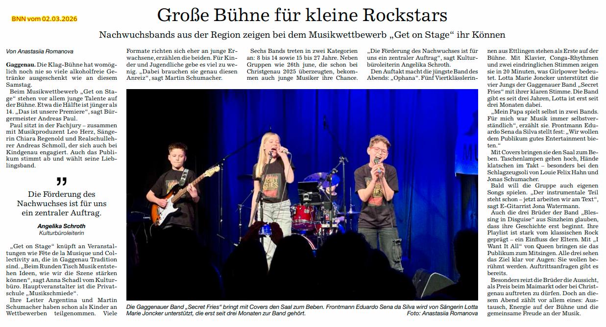 BNN Get on stage! 2026 Musikschmiede Gaggenau Murgtal Gernsbach Stadt Band Contest